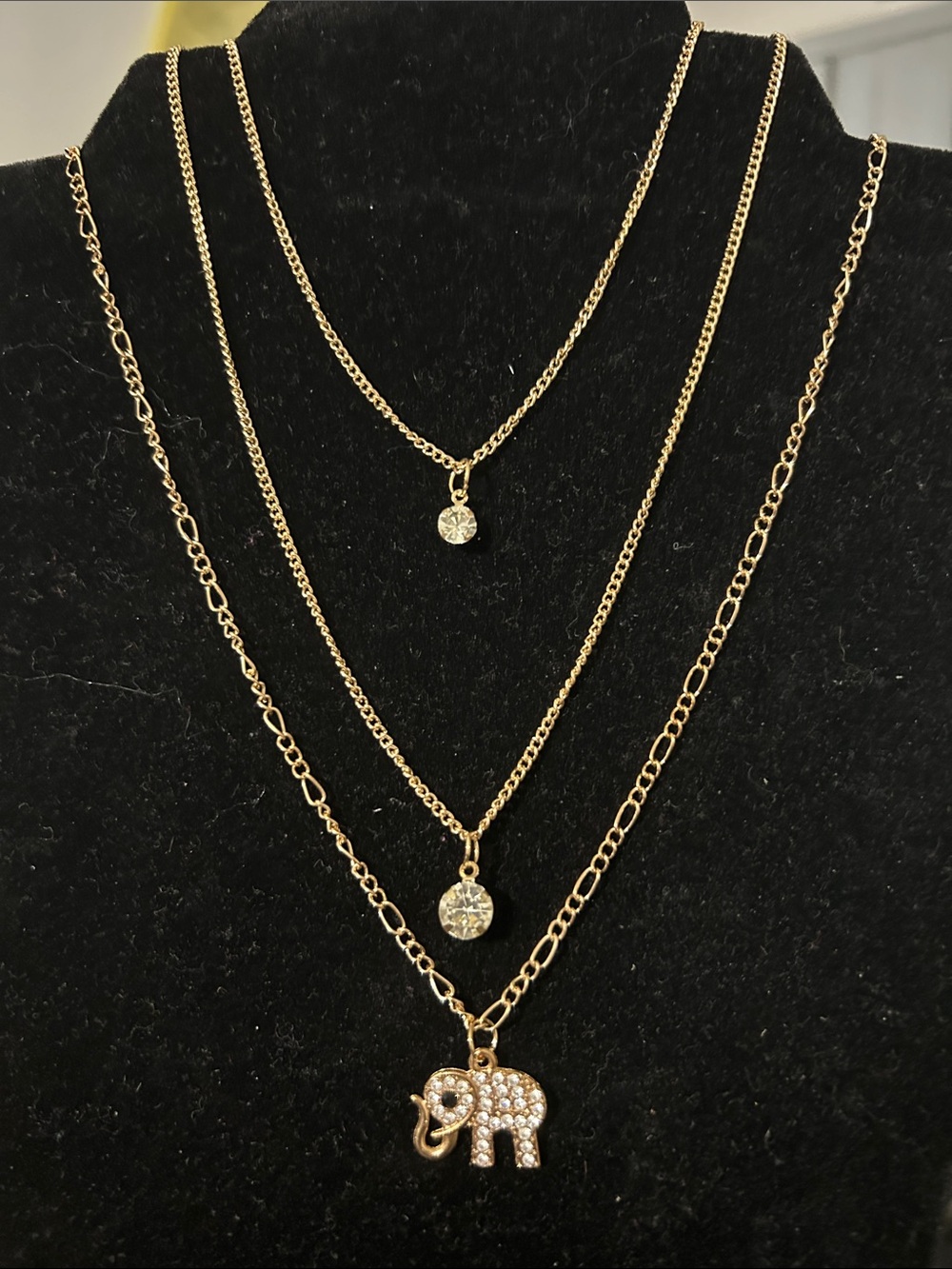 Gold Layered Necklace Set with Crystal Accents and Elephant Charm